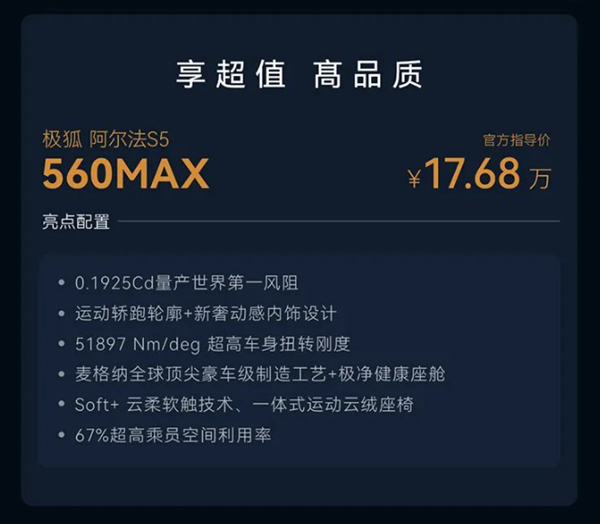 全球量產(chǎn)風(fēng)阻低過小米SU7 極狐阿爾法S5上市：17.68萬起