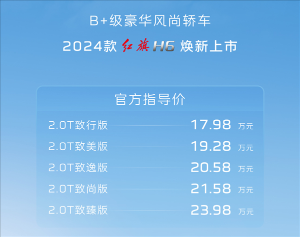 凱美瑞國產強敵！2024款紅旗H6上市：17.98萬元起